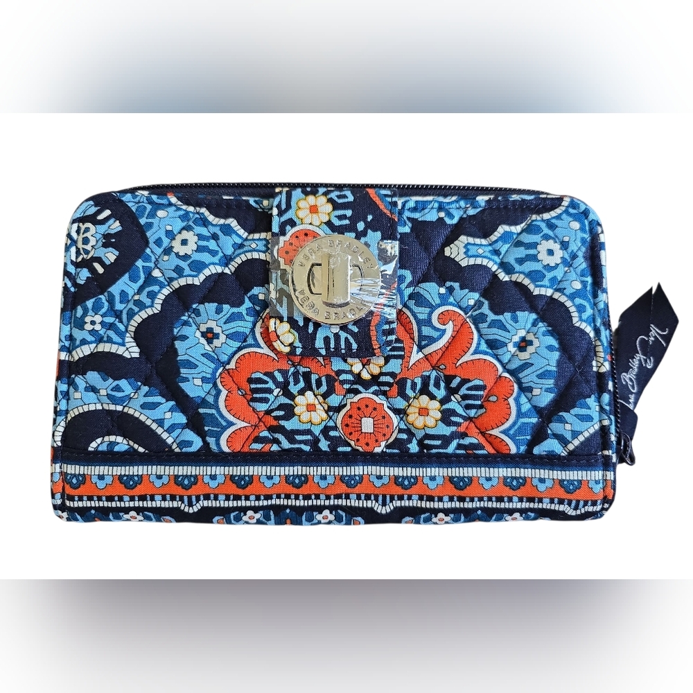 NWT Vera Bradley Turnlock Wallet in "Marrakesh" Signature Cotton, orange & blue